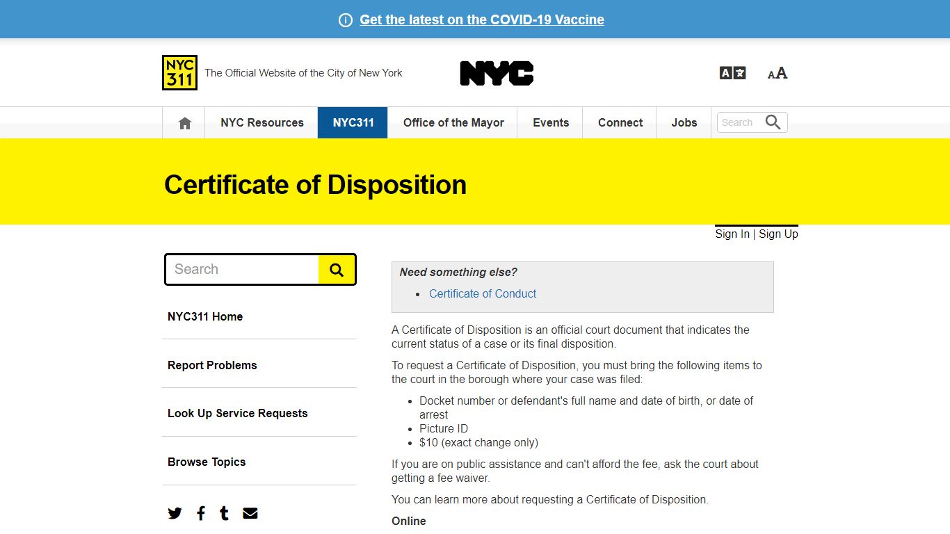 Certificate of Disposition · NYC311 - New York City